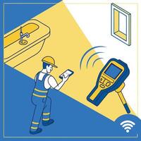 a man is using a wifi device to check the temperature of a bathroom vector