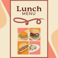 lunch menu design with hamburger, salad and other food vector