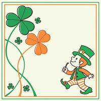 a leprechaun is walking with a stick and clover vector