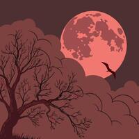 a full moon with a tree and bird in the sky vector