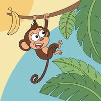 a cartoon monkey hanging from a tree branch with a banana vector