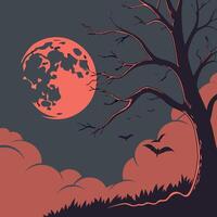a full moon and bats in the sky over a tree vector