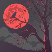 a crow sits on a tree branch in front of a full moon vector