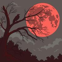 a red moon with a tree and a crow on it vector