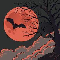 a bat flies over a tree and moon in the background vector
