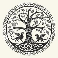 a celtic tree of life with two lions and a dragon vector