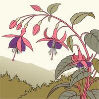 fuchsia flowers in a field with mountains in the background vector