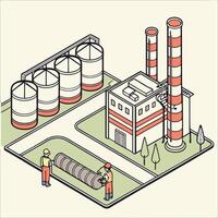 an illustration of a factory with workers and machinery vector