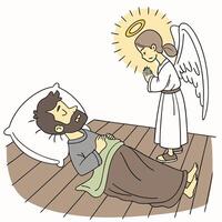 jesus is sleeping in bed with an angel vector