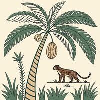 a cheetah is walking under a palm tree vector