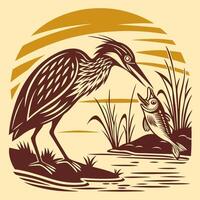 heron with fish in its mouth, in a woodcut style vector