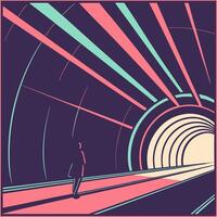 a man walking through a tunnel with neon lights vector