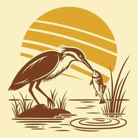 heron with fish in its mouth, on a lake with grass and sun vector