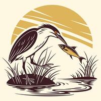heron with fish in the water, with the sun in the background vector