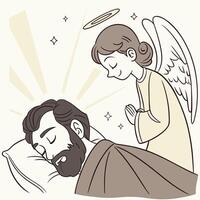 an angel is looking at a man sleeping in bed vector