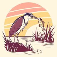 heron with fish in its beak at sunset vector