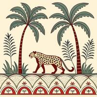 an egyptian style pattern with a leopard and palm trees vector