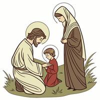 jesus and mary are kneeling down with a child vector