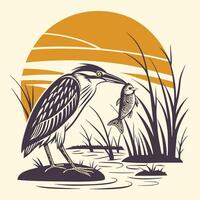 heron with fish in the water at sunset vector