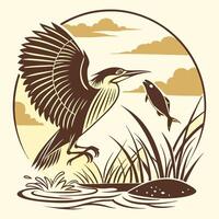a bird flying over a lake with fish in its beak vector