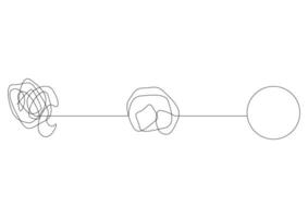continuous one line drawing of a chaotic tangled complex knot and next to it a untwisted knot in the form of a single-line circle, Concept of solving the problem. vector