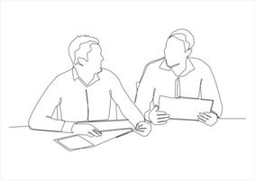 continuous line drawing of two employees talking about work. vector