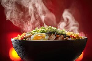 A rich bowl of ramen featuring tender noodles, slices of meat, a soft-boiled egg, and topped with fresh green onions. The warm colors create an inviting atmosphere, enhancing the culinary delight. photo