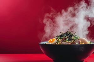 A vibrant and appetizing bowl of ramen features soft boiled eggs, sliced meat, and garnished with green onions and seaweed. Steam rises in a warm atmosphere created by the red background. photo