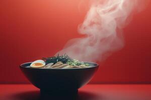A steaming bowl of ramen features slices of meat, a soft-cooked egg, and seaweed on top. The vibrant red background enhances the cozy atmosphere surrounding the dish. photo