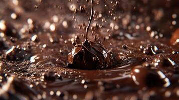 A close up of a chocolate bar being poured into a liquid photo