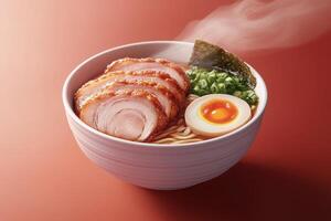 A steaming bowl of ramen features tender slices of pork, a soft-boiled egg, fresh green onions, and a piece of seaweed. The presentation highlights the rich colors and textures of the dish. photo