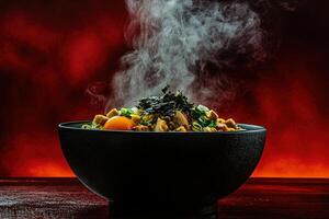 A steaming bowl of noodles is filled with fresh ingredients, including vegetables and an egg yolk. The vibrant colors contrast against a dramatic red backdrop, creating a captivating atmosphere. photo