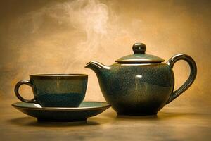 A beautifully designed teapot and cup sit on a surface, steam rising from the cup. The items feature a crackled glaze, highlighted by warm lighting, creating a cozy ambiance perfect for tea time. photo