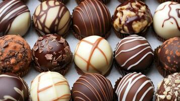 Chocolate covered eggs are displayed in a tray photo