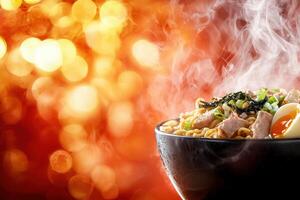 A steaming bowl of ramen is presented with toppings of sliced pork, green onions, and seaweed. The warm bokeh background enhances the cozy atmosphere. Ideal for food lovers. photo