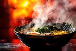 A beautiful bowl of ramen steams with a rich broth, topped with sliced pork, green onions, seaweed, and a soft-boiled egg. The warm lighting creates a cozy atmosphere perfect for enjoying this dish. photo