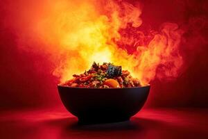 A bowl of spicy noodles bursts with vibrant flames and steam, creating an eye-catching display against a red backdrop. The dish features colorful vegetables and rich sauces, exuding heat. photo