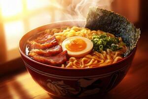 A steaming bowl of ramen sits on a wooden table, filled with curly noodles and topped with slices of tender pork, a soft-boiled egg, green onions, and nori. photo