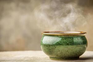 A ceramic bowl with a glossy green finish contains a steaming hot beverage. It rests on a neutral-toned surface, surrounded by a soft, warm light that enhances its texture and warmth. photo