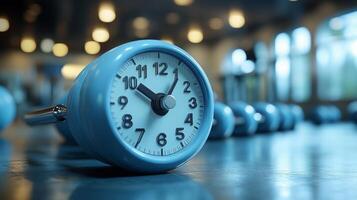 Clock on a Row of Blue Dumbbells in a Gym photo
