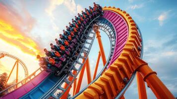 Rollercoaster Ride at Sunset with a Vibrant Sky photo