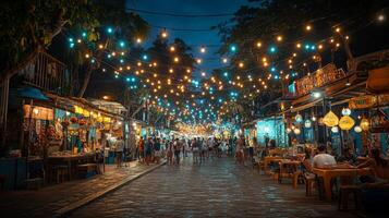 Night Market Street in Southeast Asia with String Lights photo