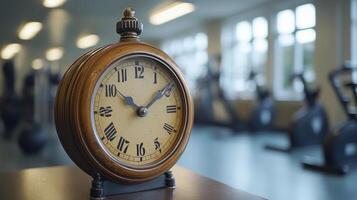 A clock on a table in a gym photo