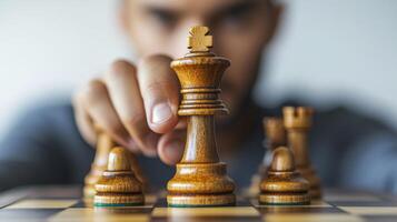 A man is holding a chess piece on a board photo