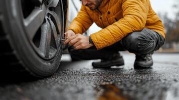 A man is fixing a tire on a car photo
