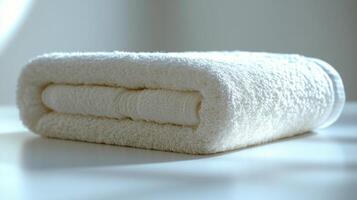 A folded towel on a table in front of a window photo