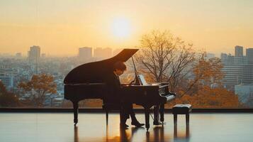 A person playing a grand piano in front of a cityscape photo