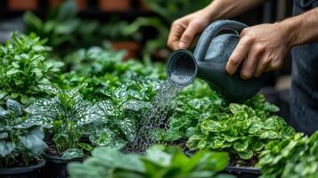 A person watering plants in a garden photo