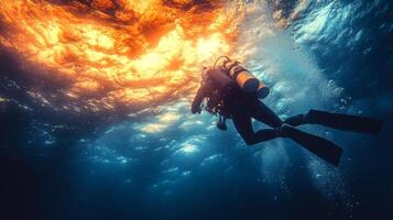 A scuba diver in the ocean with a sun shining through the water photo