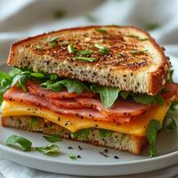 A sandwich with ham, cheese and greens on a plate photo